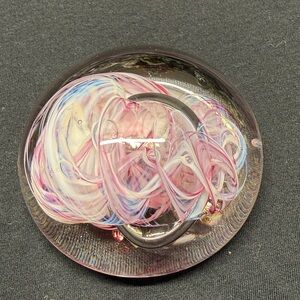 Epiphany Studio signed art glass pink blue white swirl paperweight